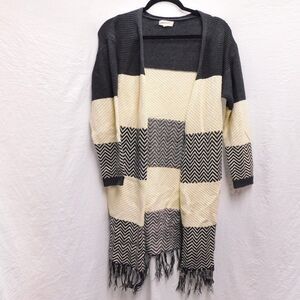 Promesa S/M Black & White Herringbone Fringe Trim Tunic Sweater Coat NEW